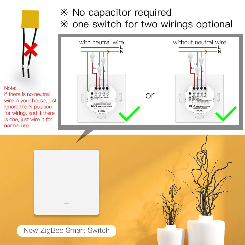 Tuya Zigbee Smart Light Switch No Neutral Needed