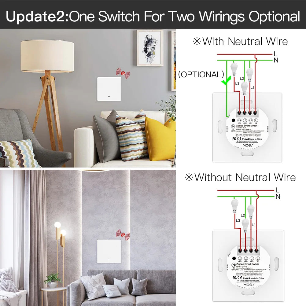 Tuya Zigbee Smart Light Switch No Neutral Needed