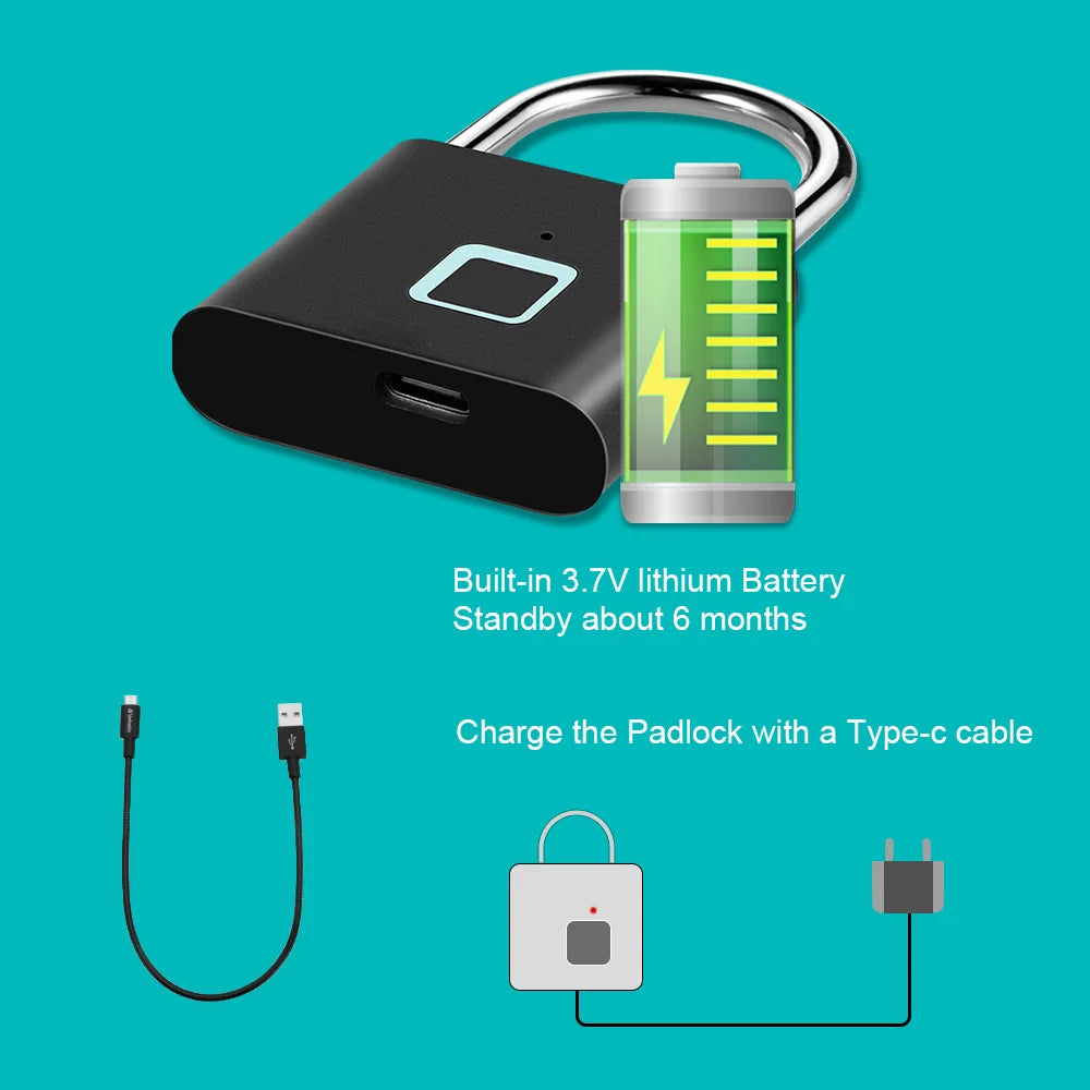 Smart Fingerprint Padlock Keyless Rechargeable Security Lock