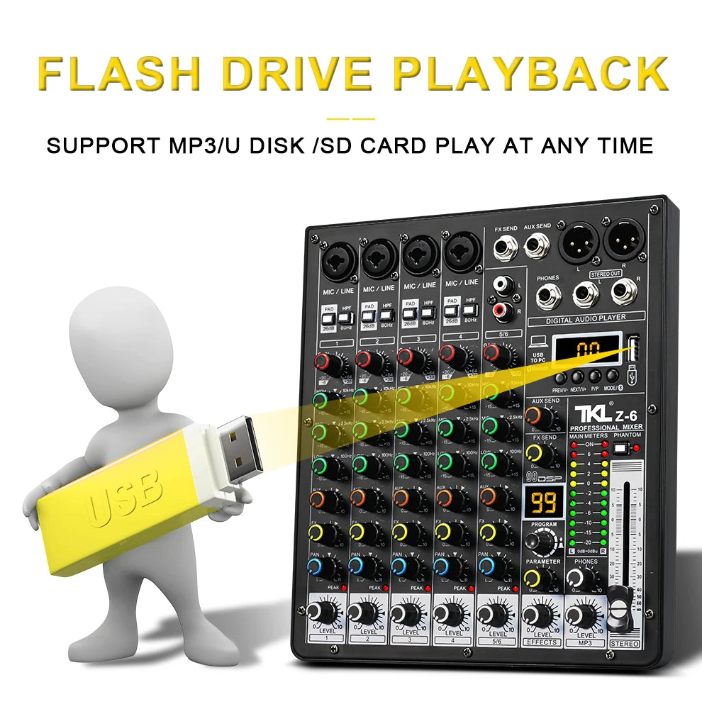 6-Channel Professional Audio Mixer with Bluetooth & USB