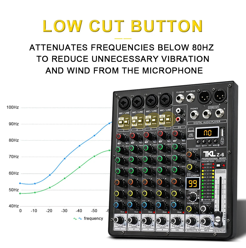 6-Channel Professional Audio Mixer with Bluetooth & USB