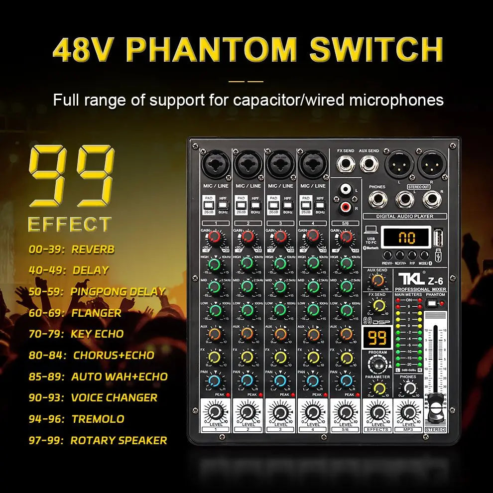 6-Channel Professional Audio Mixer with Bluetooth & USB