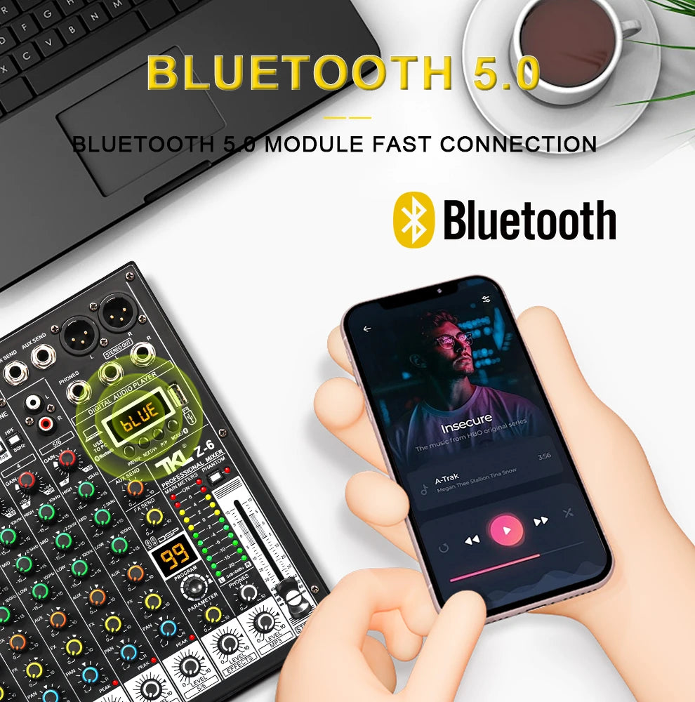 6-Channel Professional Audio Mixer with Bluetooth & USB