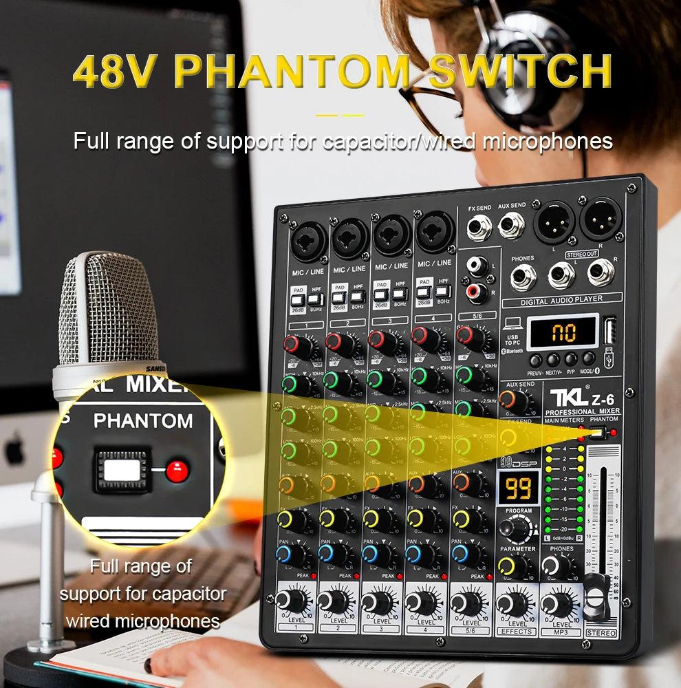 6-Channel Professional Audio Mixer with Bluetooth & USB
