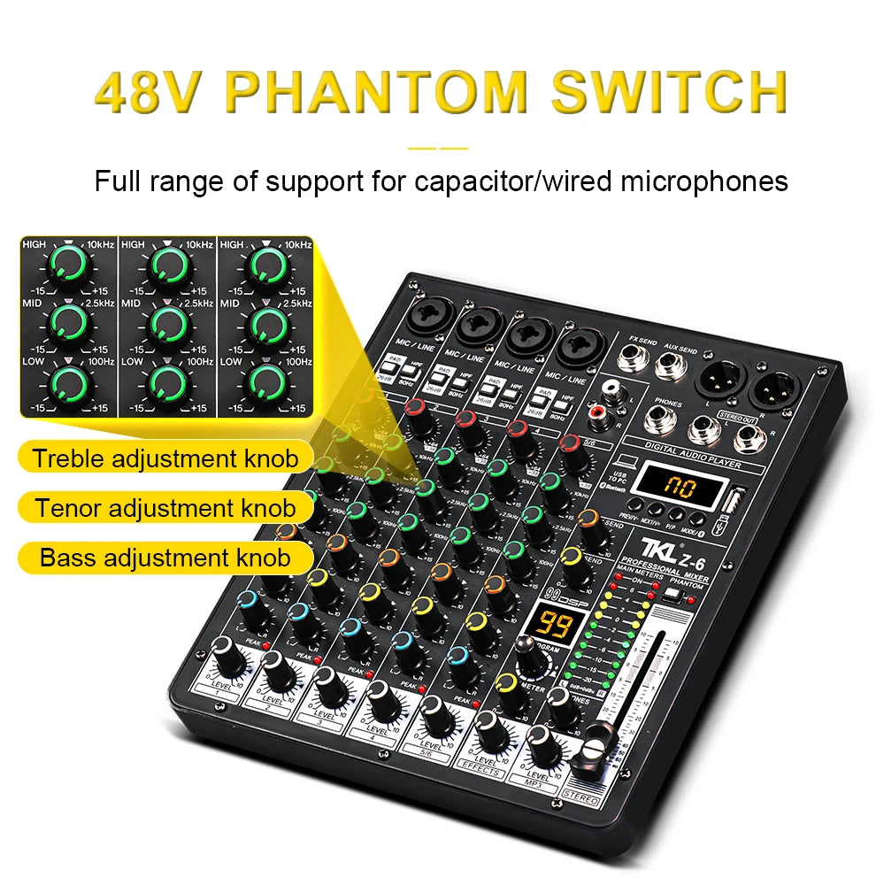 6-Channel Professional Audio Mixer with Bluetooth & USB