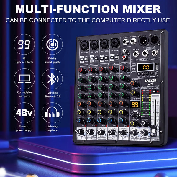 6-Channel Professional Audio Mixer with Bluetooth & USB