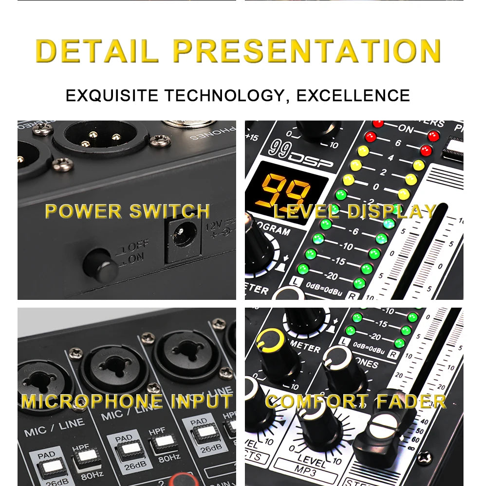 6-Channel Professional Audio Mixer with Bluetooth & USB