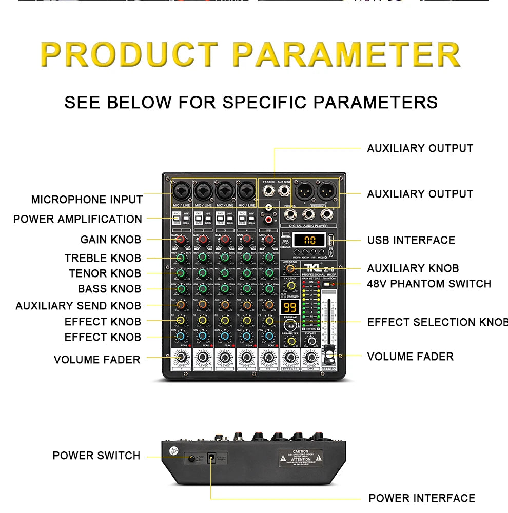 6-Channel Professional Audio Mixer with Bluetooth & USB