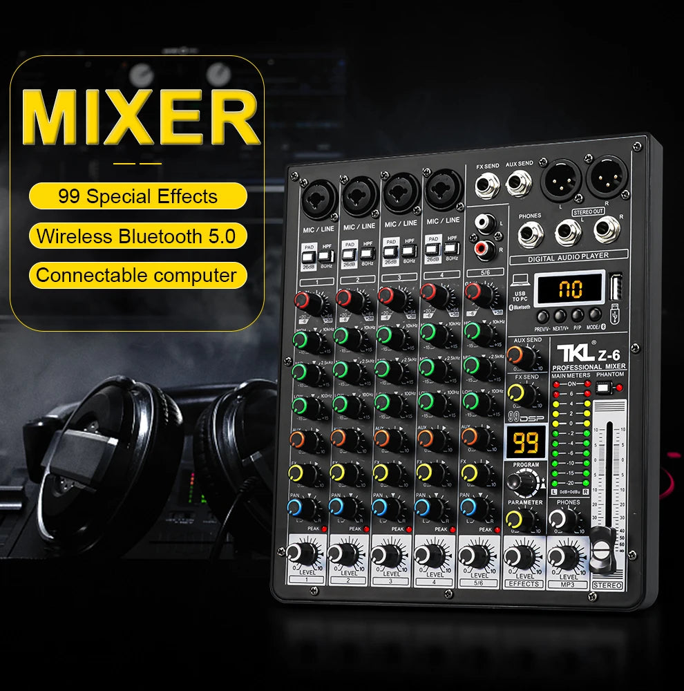 6-Channel Professional Audio Mixer with Bluetooth & USB