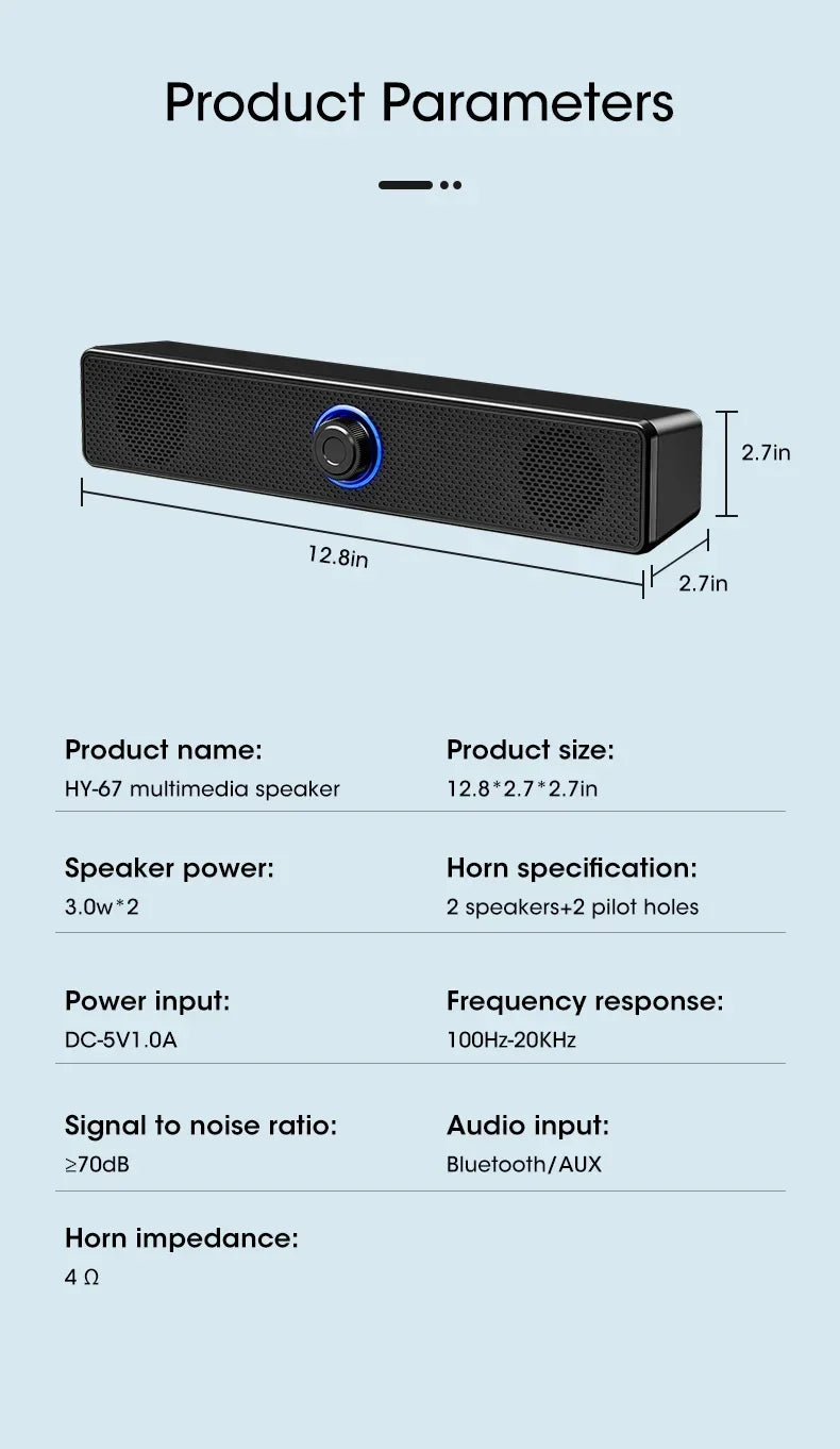 Bluetooth PC Soundbar Speaker with USB Power & Surround Audio