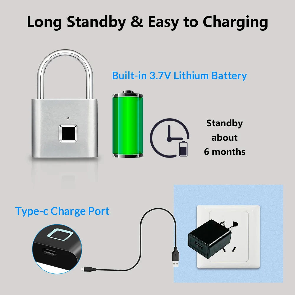 Smart Fingerprint Padlock Keyless Rechargeable Security Lock