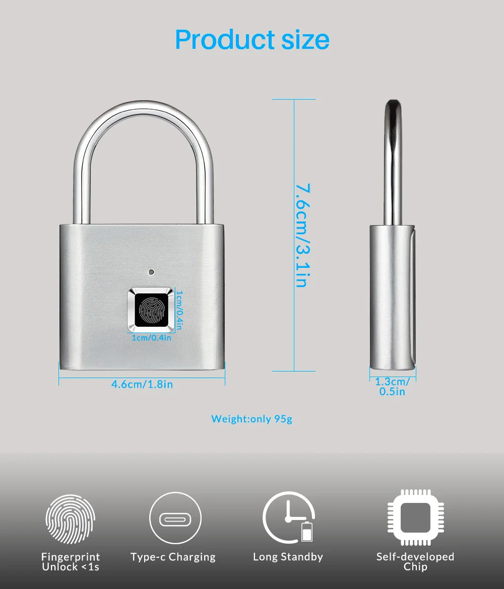 Smart Fingerprint Padlock Keyless Rechargeable Security Lock