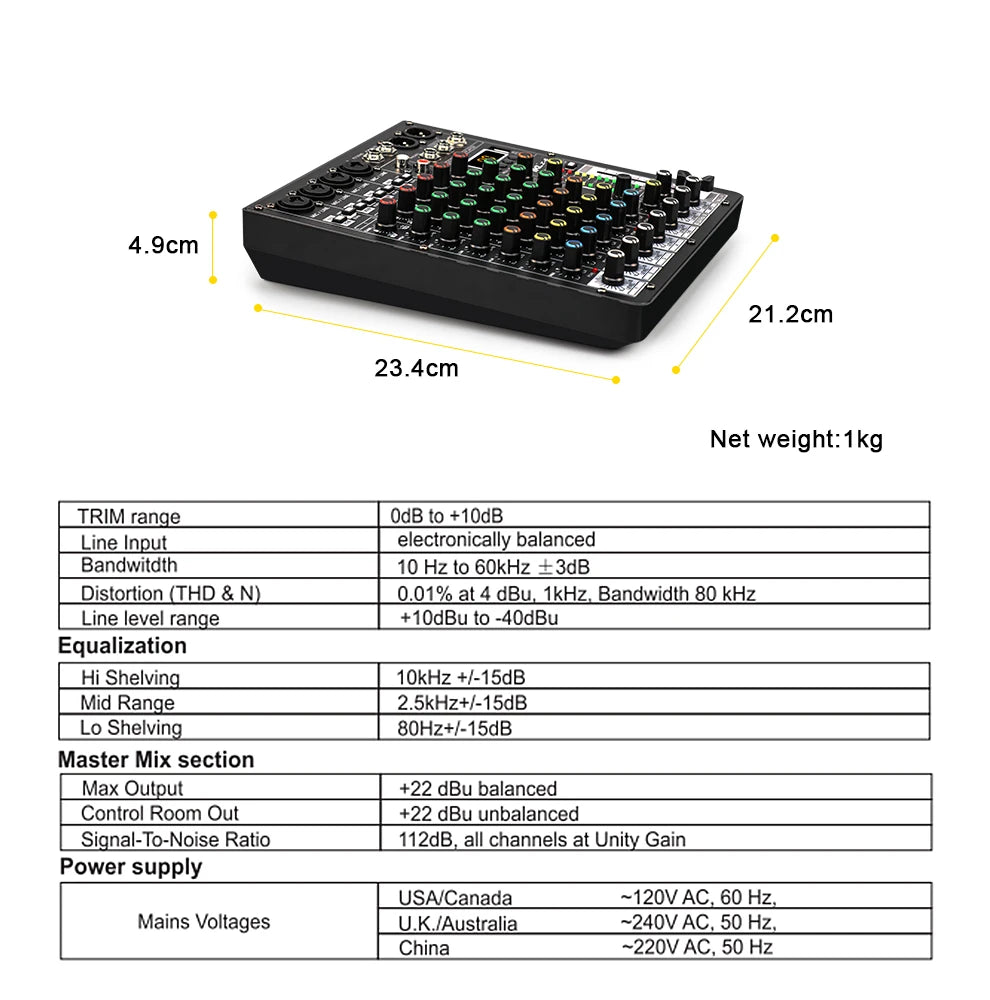 6-Channel Professional Audio Mixer with Bluetooth & USB