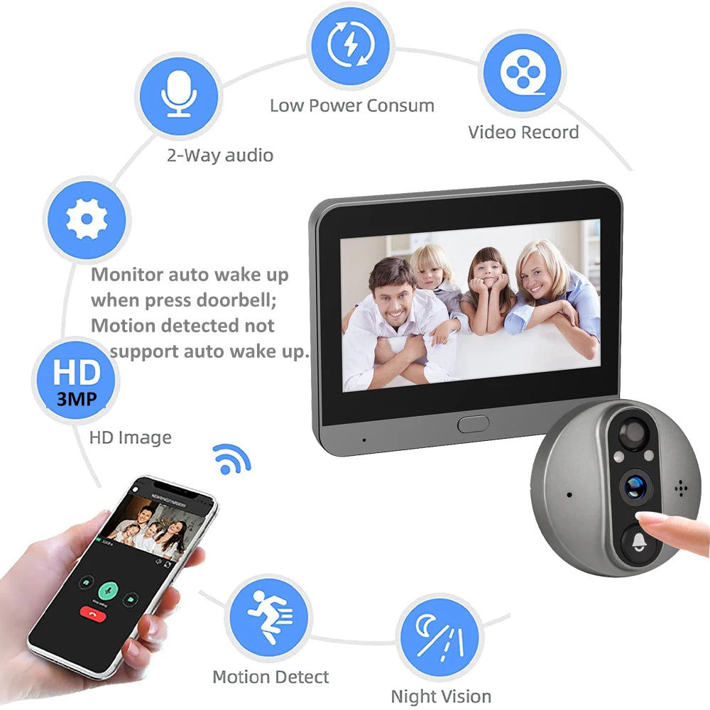 3MP Smart Life Tuya WiFi Doorbell Peephole Camera