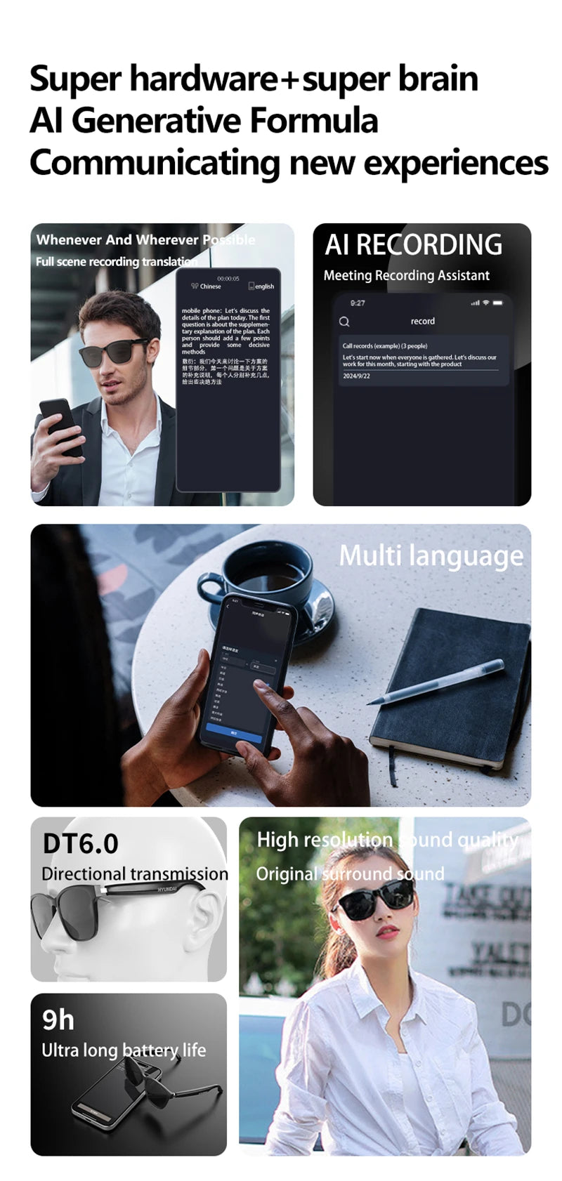 HY-C8 Smart Glasses with AI Translation & Bluetooth Headset