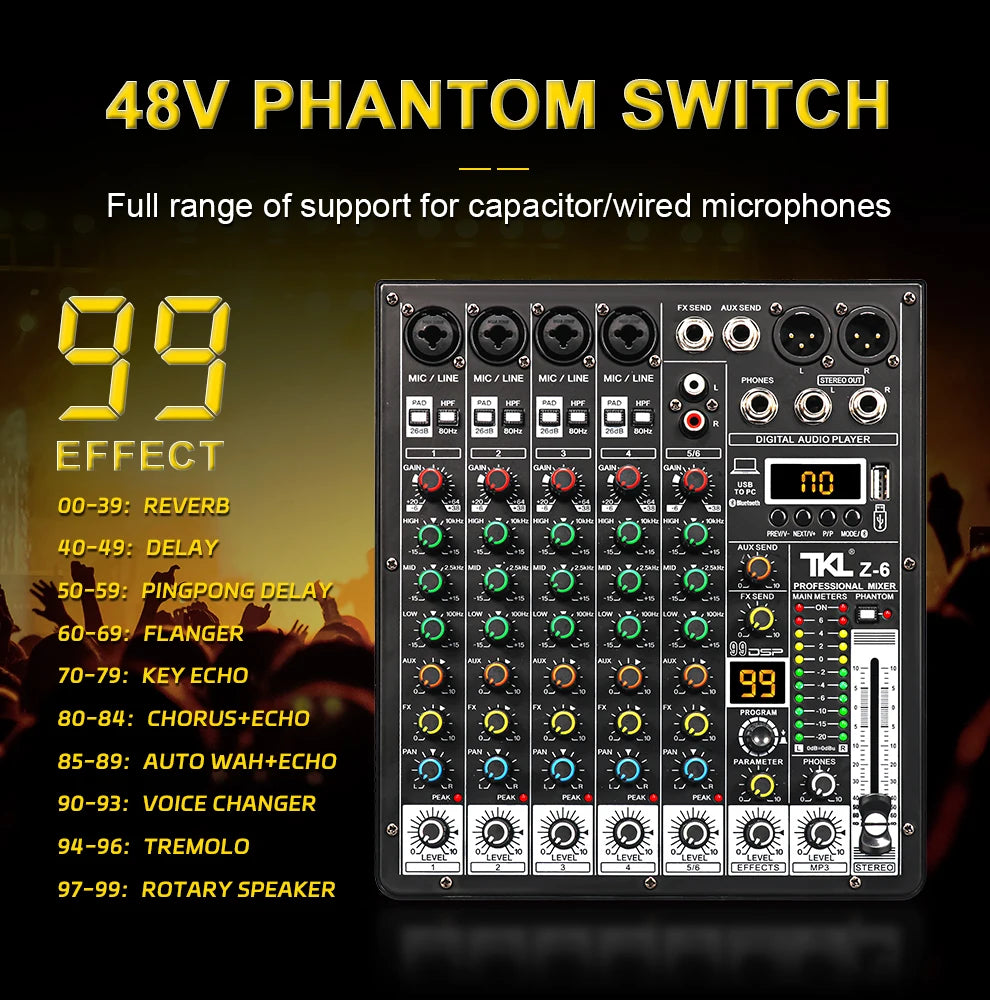 6-Channel Professional Audio Mixer with Bluetooth & USB