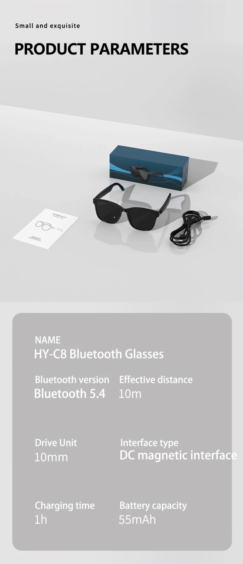 HY-C8 Smart Glasses with AI Translation & Bluetooth Headset