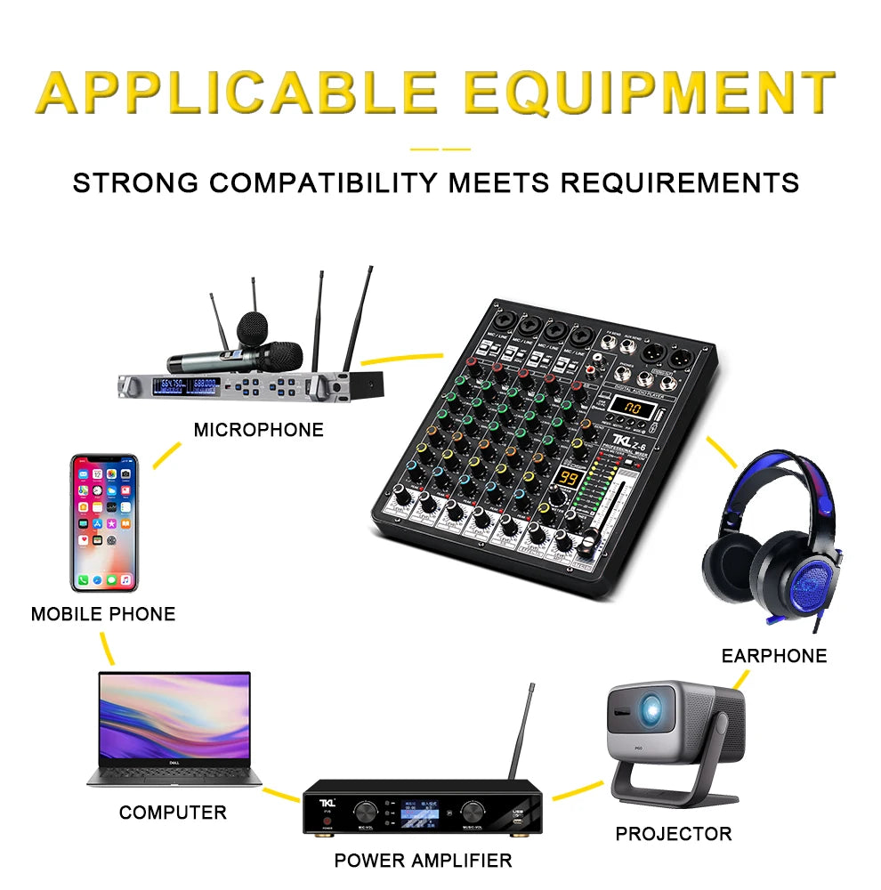 6-Channel Professional Audio Mixer with Bluetooth & USB